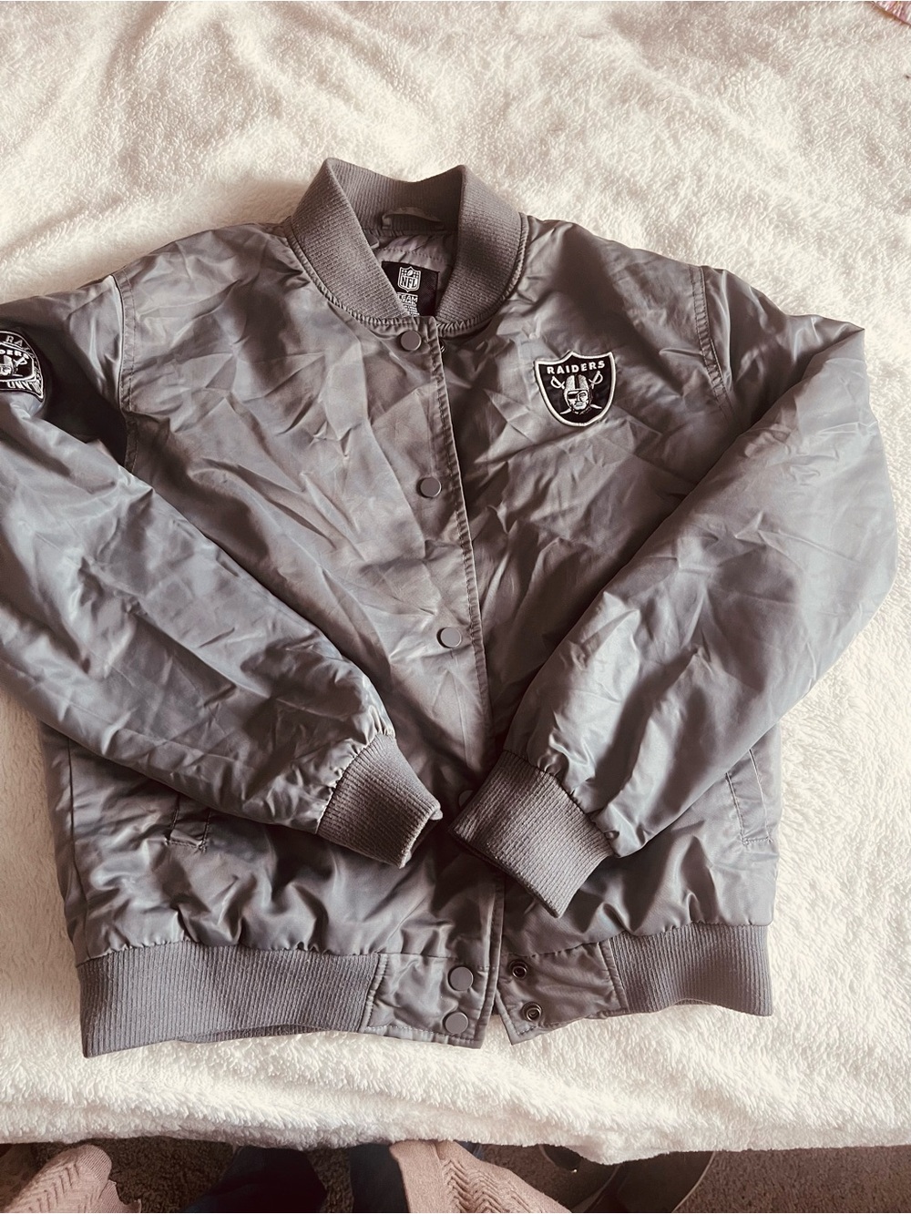 NFL Raiders Gray Bomber Jacket with Team Patches